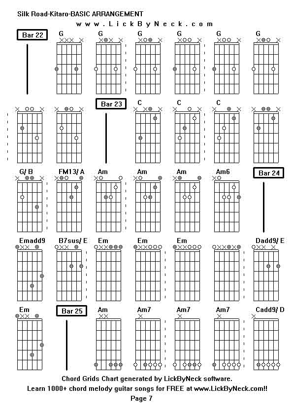 Chord Grids Chart of chord melody fingerstyle guitar song-Silk Road-Kitaro-BASIC ARRANGEMENT,generated by LickByNeck software.